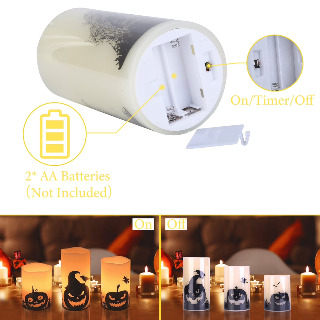 3Pcs Halloween Flameless Candles  Battery Operated Indoor Halloween Led Warm Orange Candles Lamp with Timer Setting, Natural Paraffin Halloween Pillar Candles Pumpkin