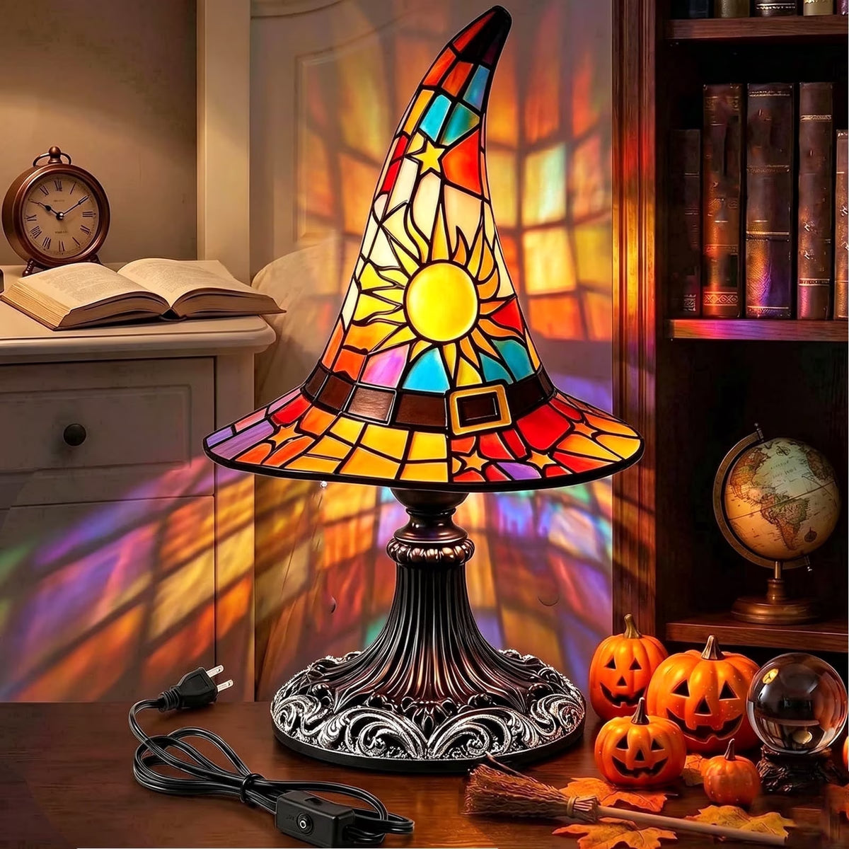 Clearance Witch Hat Lamp Halloween Decorations under 20 Gifts Stained Glass like Gothic Lamp Gothic Home Decor Accent Bedroom Bookshelf Mystical Gifts Glow Dark Figurine Ambiance