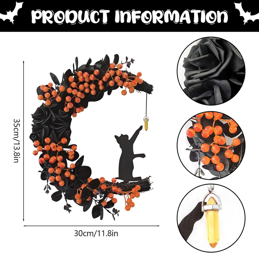 Halloween Decorations Black Cat Half-Moon Wreath with Black Rose & Berry | Halloween Decor with Open Half-Moon Design, Black Fabric Roses, Frosted Leaves, Glossy Orange Berries, and a Cat Silhouette