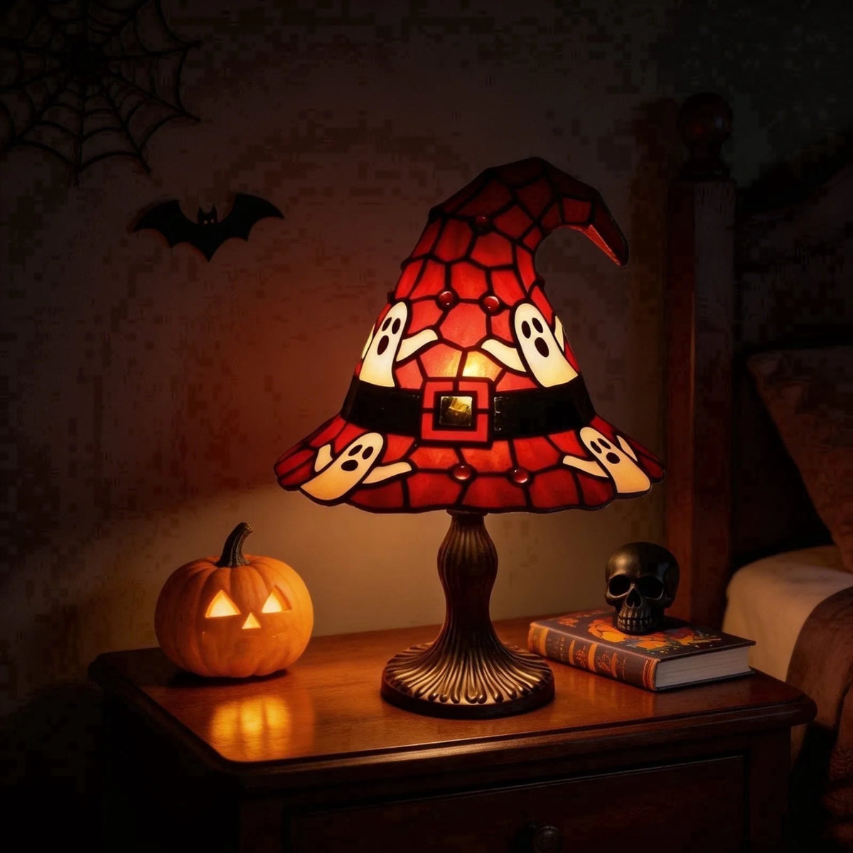 Clearance Witch Hat Lamp Halloween Decorations under 20 Gifts Stained Glass like Gothic Lamp Gothic Home Decor Accent Bedroom Bookshelf Mystical Gifts Glow Dark Figurine Ambiance