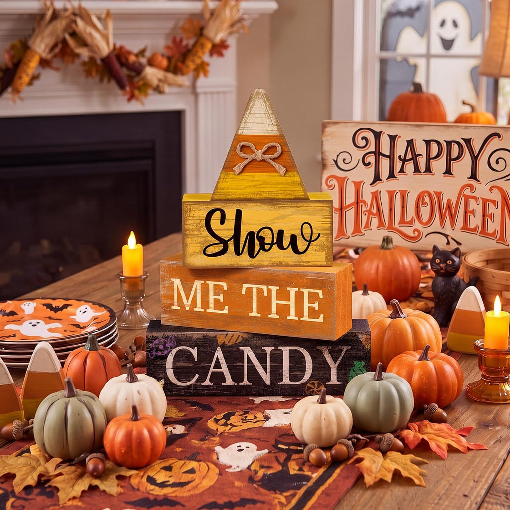 4 Pcs Halloween Table Decoration Candy Corn Wooden Stacked Block, "Show Me the Candy" Signs with Candys Corn Topper, Halloween Tiered Tray Decor Rustic Fall Decor for Home Office Kitchen