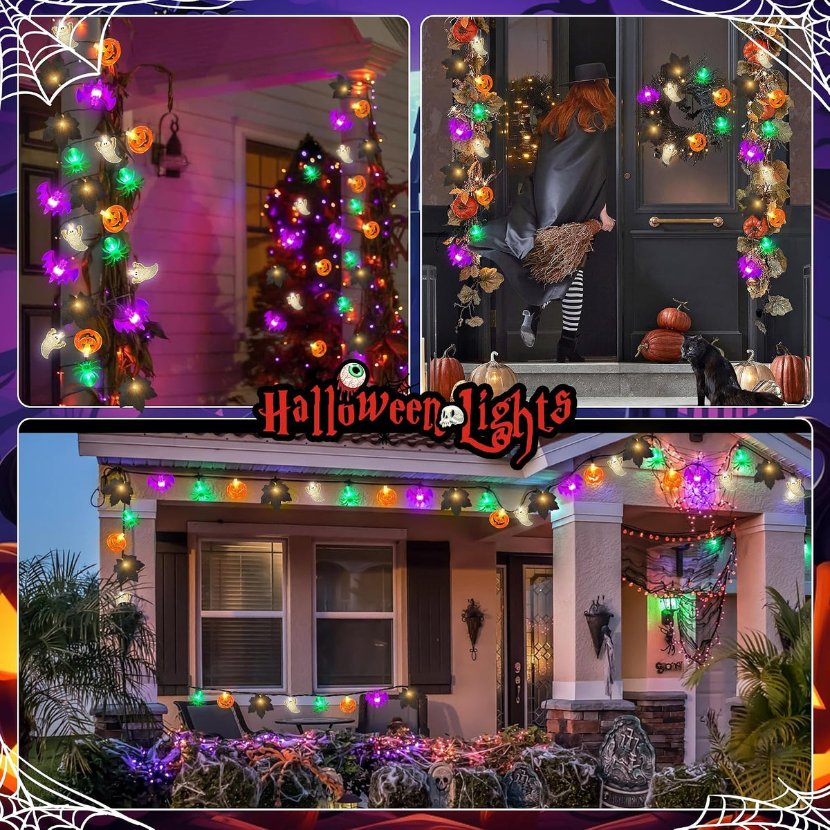 Solar Halloween Lights Outdoor 23.3Ft 40Leds Halloween Decorations Lights, 8 Modes Maple Leaf Pumpkin Ghost Spider Bat Light Solar Powered Halloweens String Light Outside