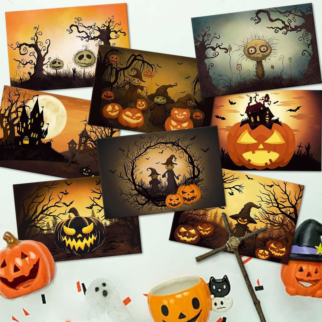 24 Pack Vintage Halloween Greeting Cards, Jack-O'-Lantern and Witch Halloween Cards, Artful Spooky Halloween Themed Card Set, 8 Designs Halloween Cards Bulk