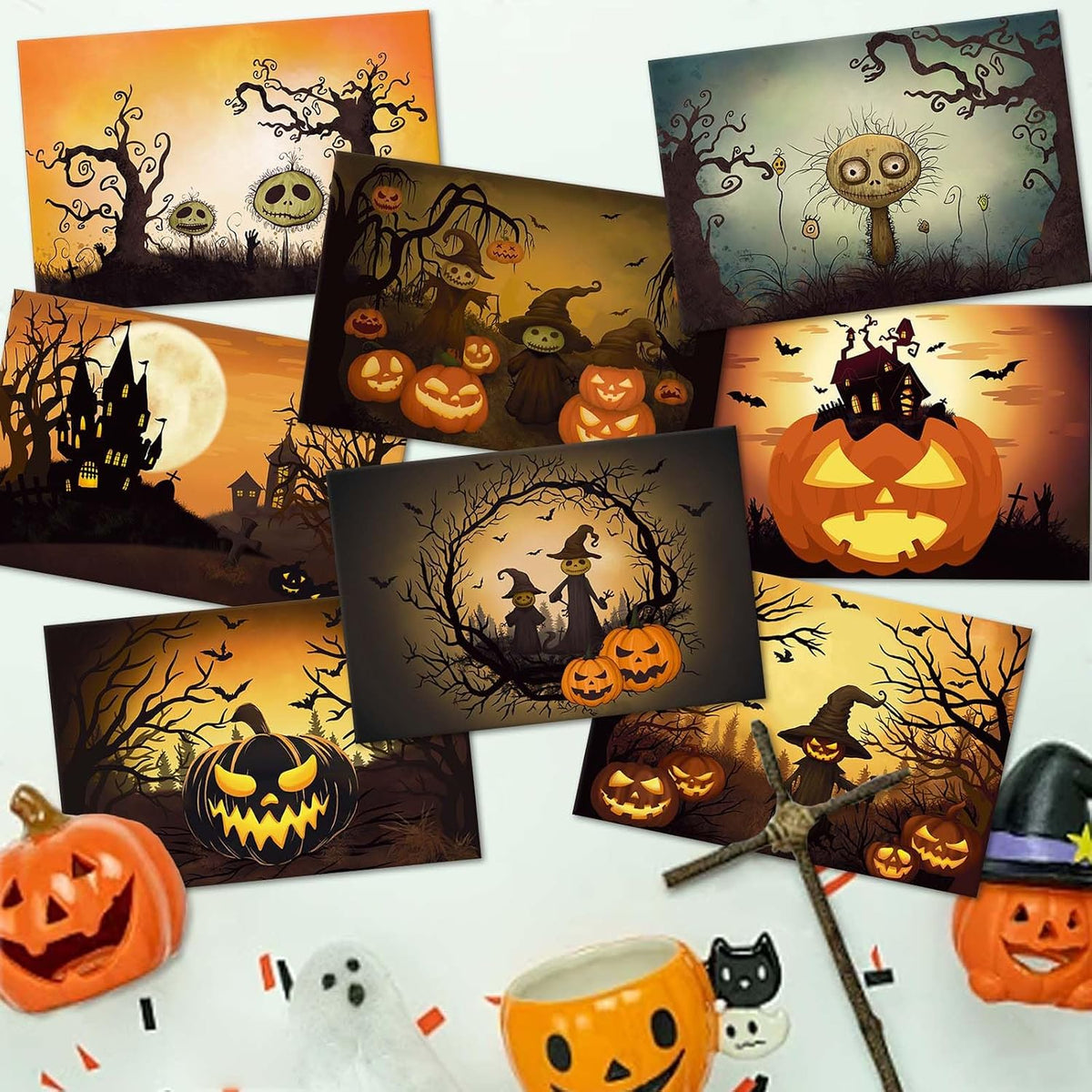 24 Pack Vintage Halloween Greeting Cards, Jack-O'-Lantern and Witch Halloween Cards, Artful Spooky Halloween Themed Card Set, 8 Designs Halloween Cards Bulk