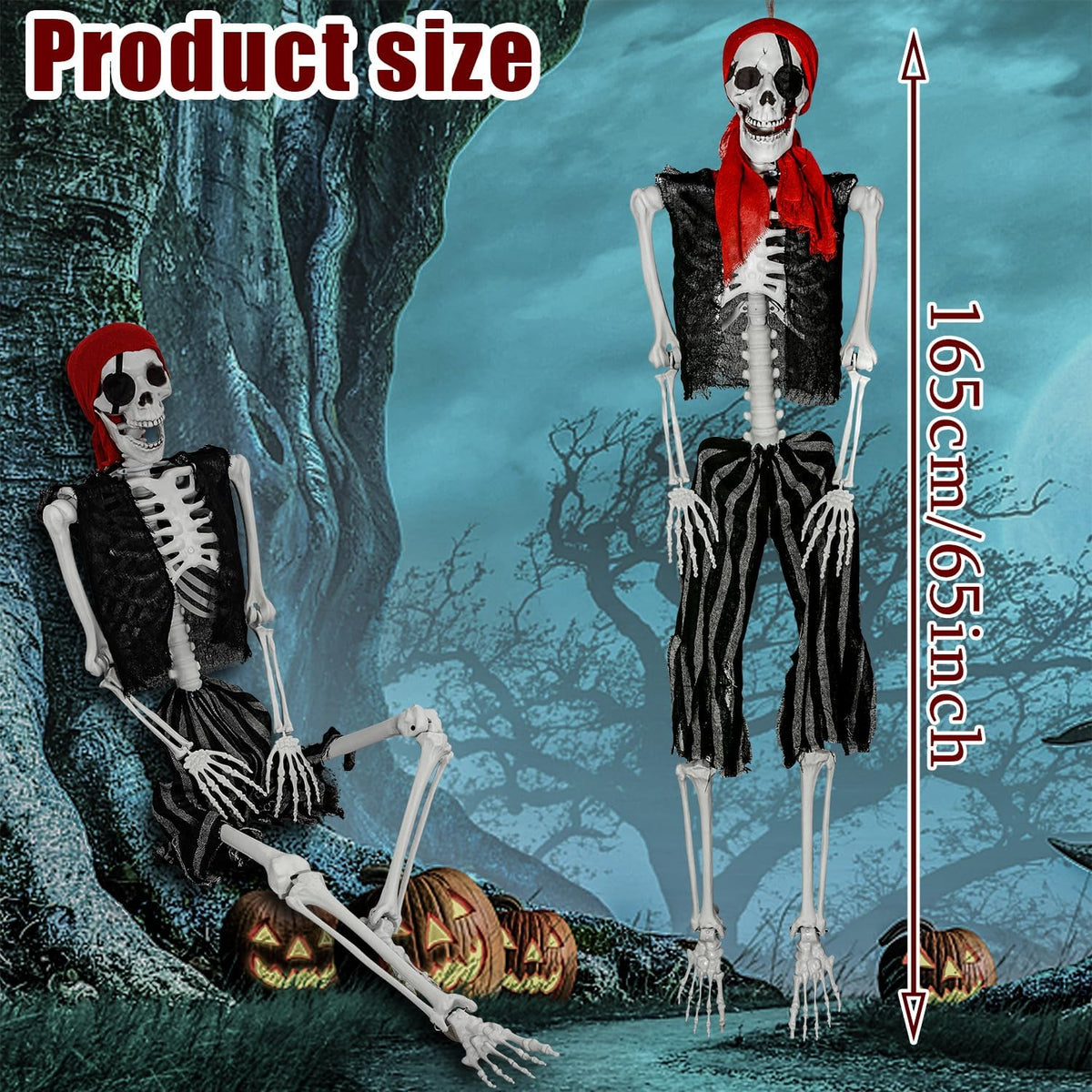 5.4Ft Halloween Life Size Pirate Skeleton, Full Body Skeleton Bones with Movable Joints for Halloween Indoor/Outdoor Decoration Haunted House Spooky Party Decor (Pirate Style)