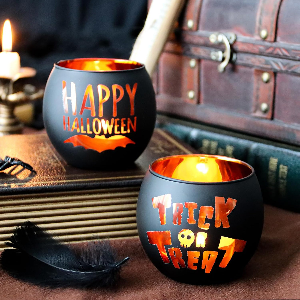 Halloween Candle Holders 6 Pieces Black Glass Votive Candle Holder for Halloween Wedding, Party, Table Centerpiece Décor Halloween Decorations Indoor and Outdoor