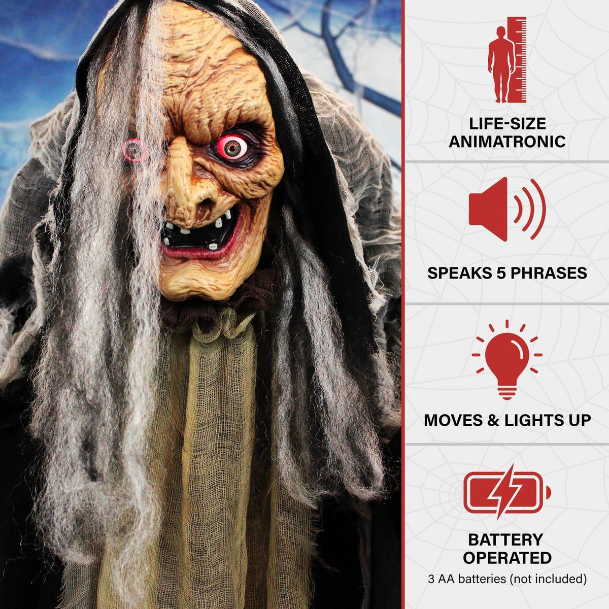 Life-Size Scary Poseable Talking Witch, Halloween Animatronic with Touch Activated Lights and Sound, Battery Operated Indoor or Covered Outdoor Halloween Decorations, Halloween Prop