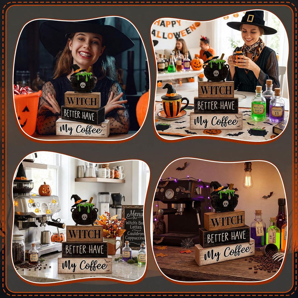 4 Pcs Halloween Table Decoration Witch Coffee Wooden Stacked Block Decor, "Witch Better Have My Coffee" Sign with Cauldron Topper, Gothic Halloween Tiered Tray Decor for Home Kitchen Bar