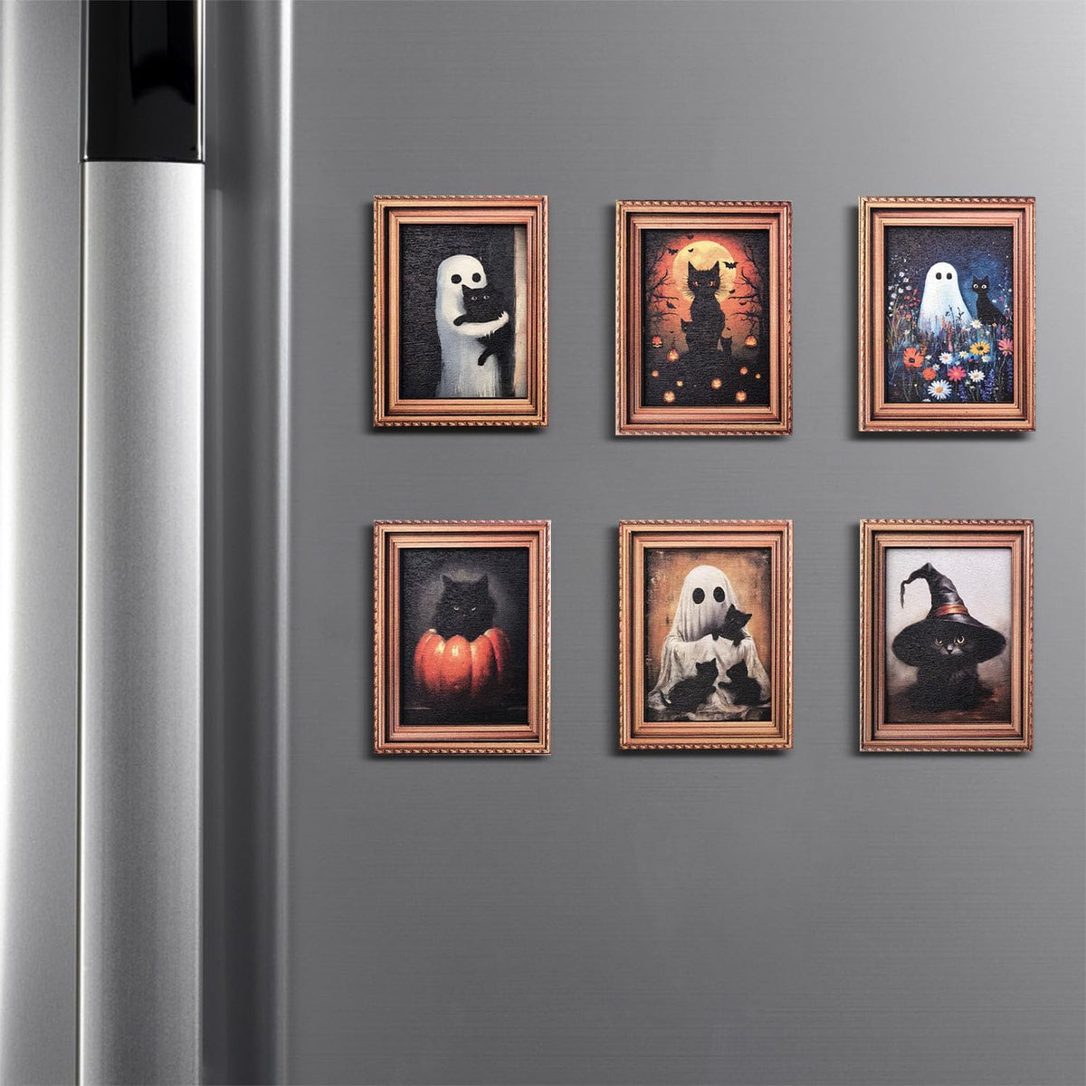 Halloween Fridge Magnets Cute Ghost with Black Cat 3D Wood Magnet Art Frame Designs Decorations for Refrigerator Garage Door or Kitchen Removable Indoor Outdoor Magnetic Decals 6Pcs
