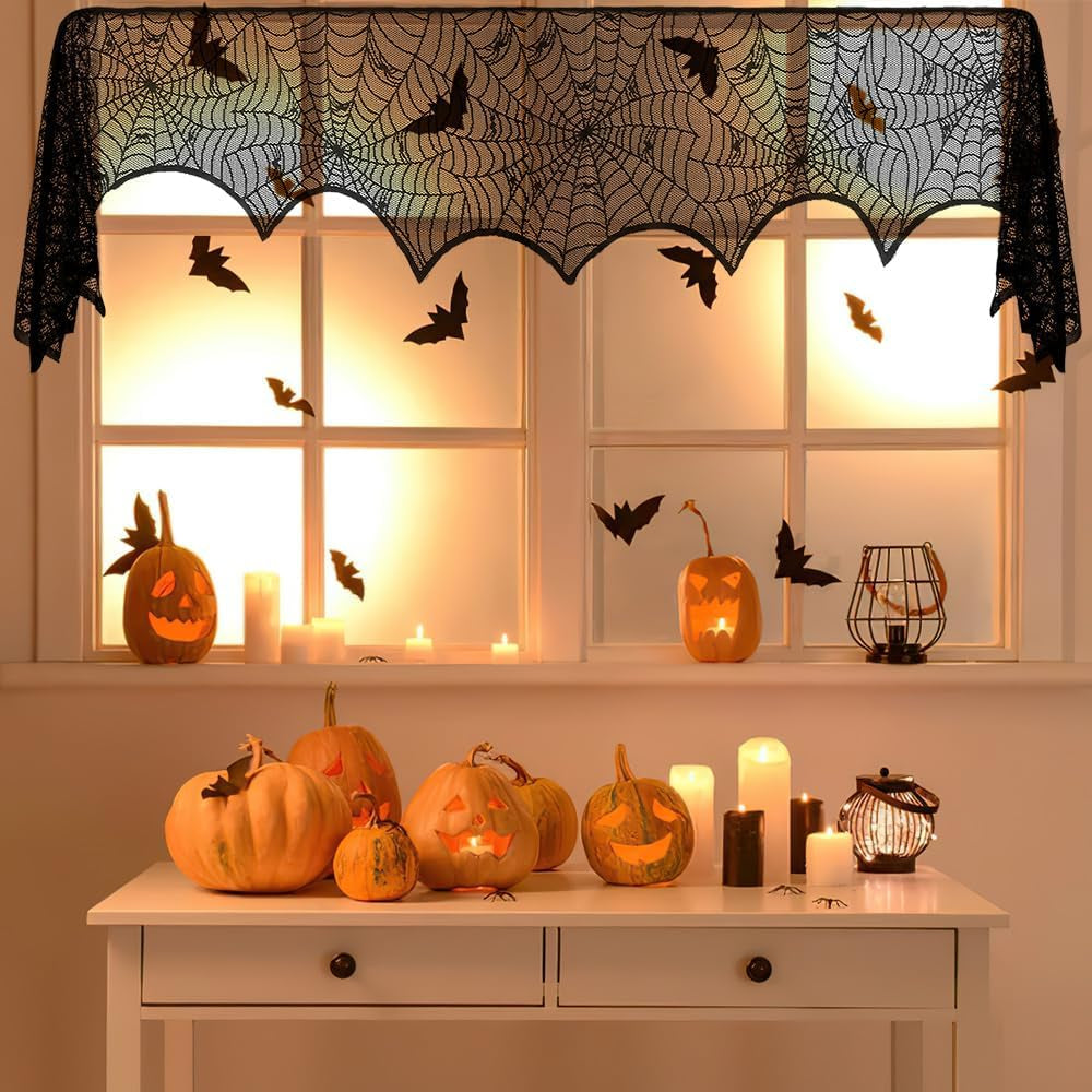 Halloween Fireplace Decoration Mantel Decoration, Cobweb Fireplace Scarf Black Lace Spiderweb Fireplace Mantel Cover for Halloween Party Supplies, Halloween Decorations Indoor Halloween Decor
