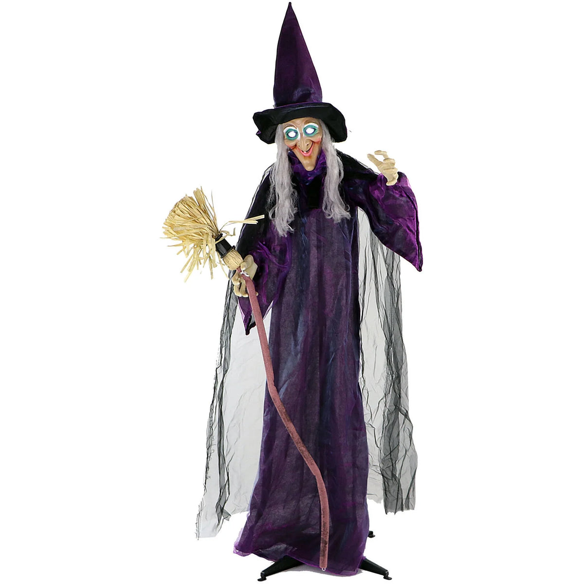 Life-Size Animated Talking Witch W/ Broomstick, 6 Ft Halloween Decoration