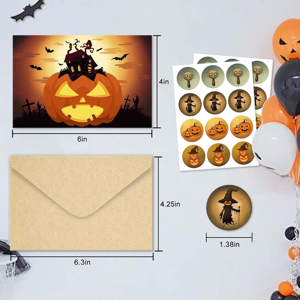 24 Pack Vintage Halloween Greeting Cards, Jack-O'-Lantern and Witch Halloween Cards, Artful Spooky Halloween Themed Card Set, 8 Designs Halloween Cards Bulk