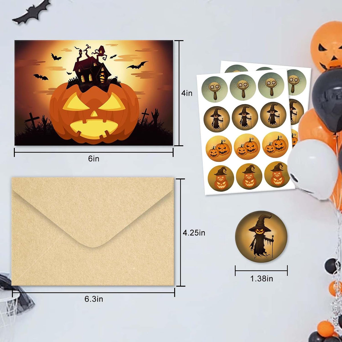 24 Pack Vintage Halloween Greeting Cards, Jack-O'-Lantern and Witch Halloween Cards, Artful Spooky Halloween Themed Card Set, 8 Designs Halloween Cards Bulk