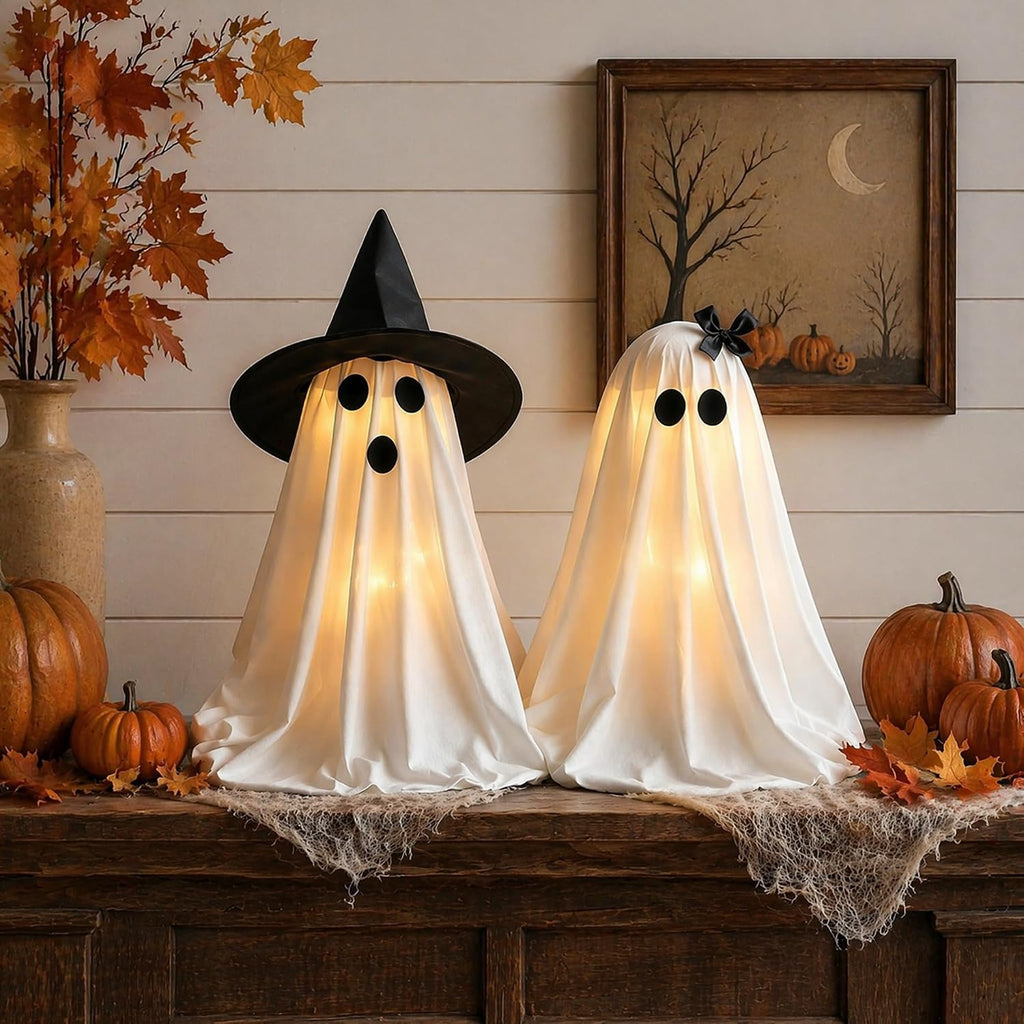 2-Piece Light-Up Ghosts with Witch Hats, Indoor Ghost Decor | Halloween Party Decorations