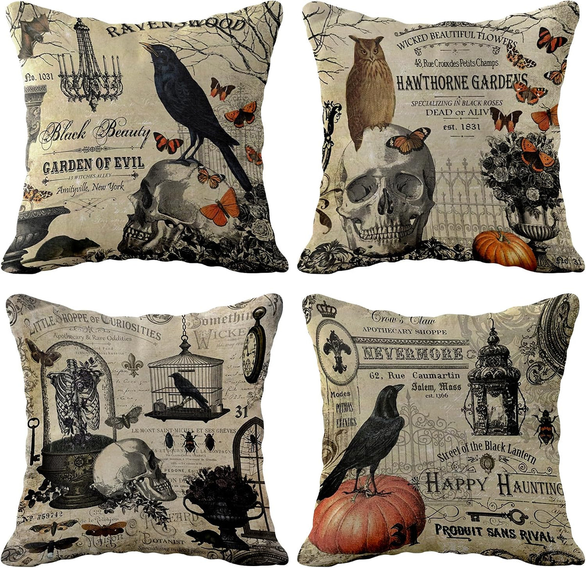 , Vintage Halloween Pillows Covers - 18X18 Inch, Pack of 4 | Skull Throw Pillow Covers | Pumpkin Cushion Covers | Halloween Decorations Indoor, Summerween Decorations Party