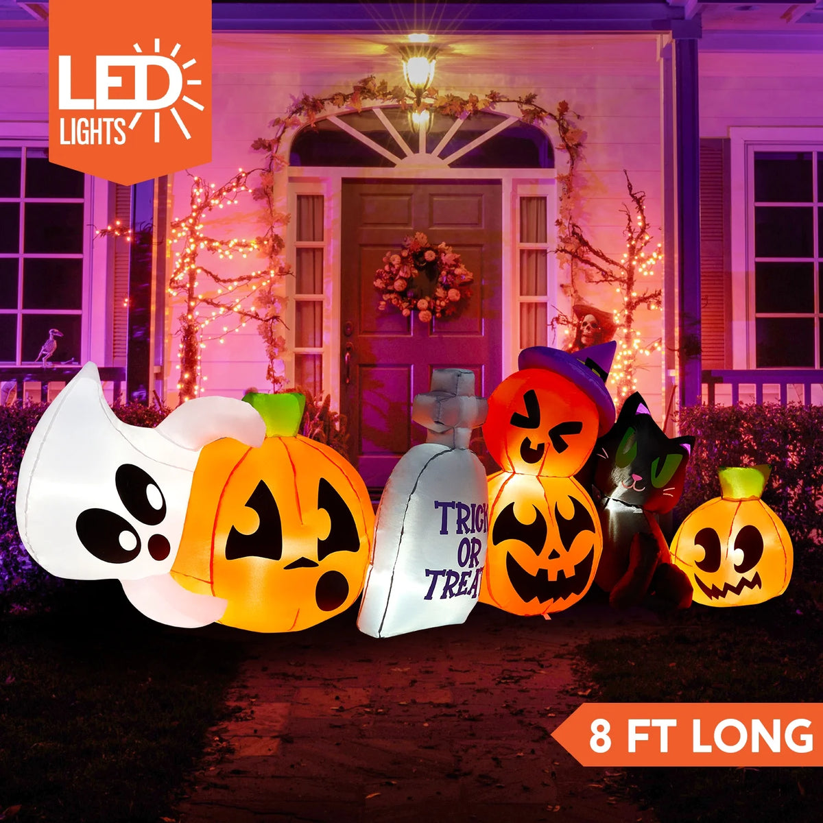 8 Ft Halloween Inflatables Characters,Long Light up Pumpkin Ghost Cat Tombstone Halloween Blow up Yard Decorations,Outdoor Halloween Decor