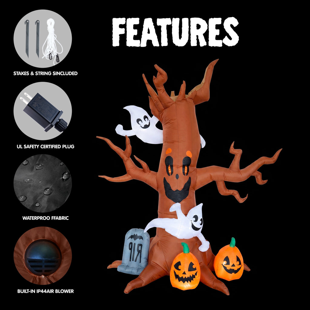 8 Ft Halloween Inflatable Spooky Tree with Ghost,Pumpkin & Tombstone,Blow up Decor with Built-In LED Lights for Outdoor,Yard,Garden and Lawn