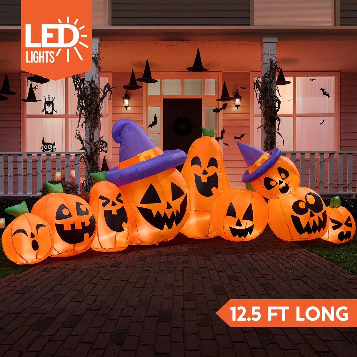 12.5 FT Halloween Inflatable Long Pumpkin with Witch Hat Decorations Inflatables with Build-In Leds,Halloween Decor Outdoor Blow up Yard Decorations