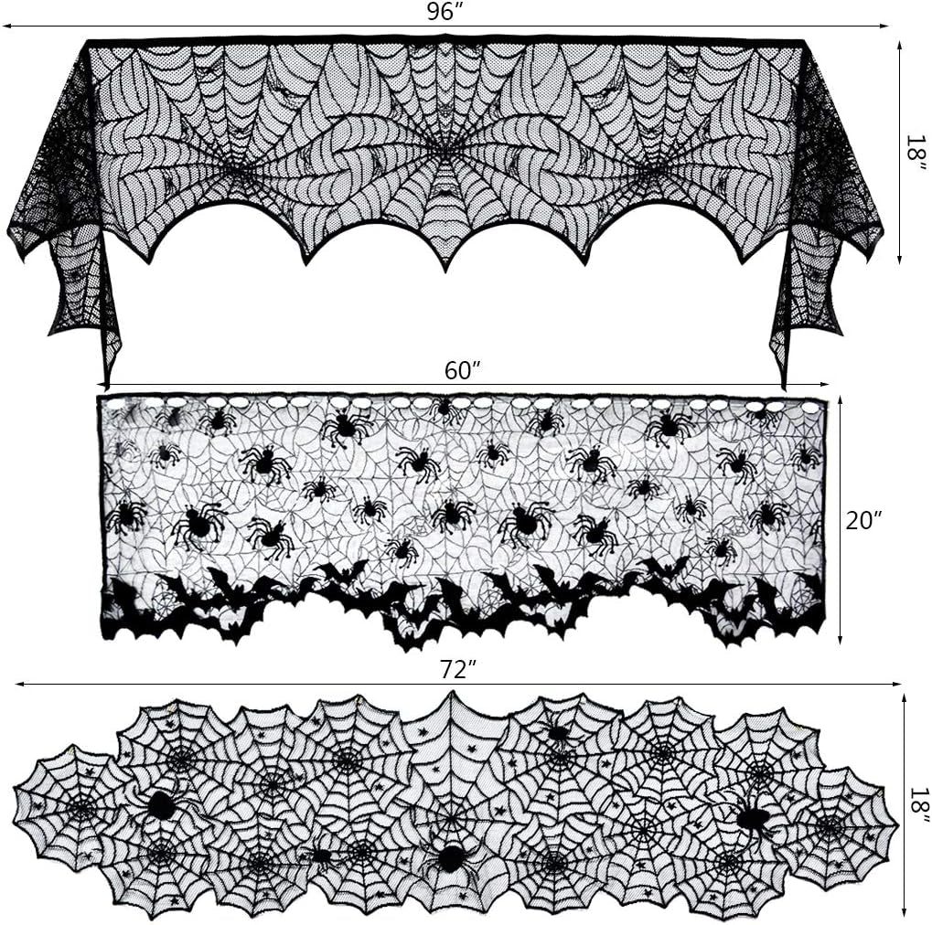 5Pack Halloween Decorations Tablecloth Runner Black Lace round Spider Cobweb Table Cover Fireplace Mantel Scarf Spiderweb Fireplace Scarf Spider Lampshade with 36Pcs Scary 3D Bat for Halloween Party