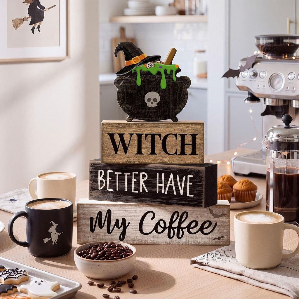 4 Pcs Halloween Table Decoration Witch Coffee Wooden Stacked Block Decor, "Witch Better Have My Coffee" Sign with Cauldron Topper, Gothic Halloween Tiered Tray Decor for Home Kitchen Bar