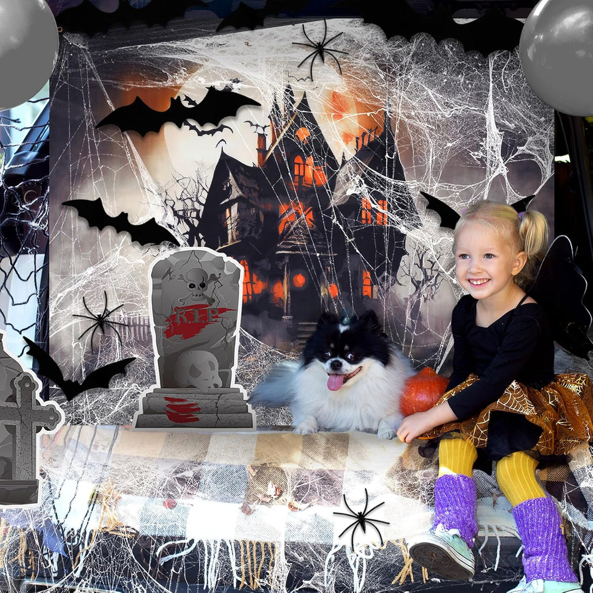 Halloween Trunk or Treat Car Decorations Kit with Gravestone Sticker Spider Webs Bats Scare Banner Tombstone Trunk or Treat Decorations for SUV Car Garage Door Entryway Archway Outdoor Decor
