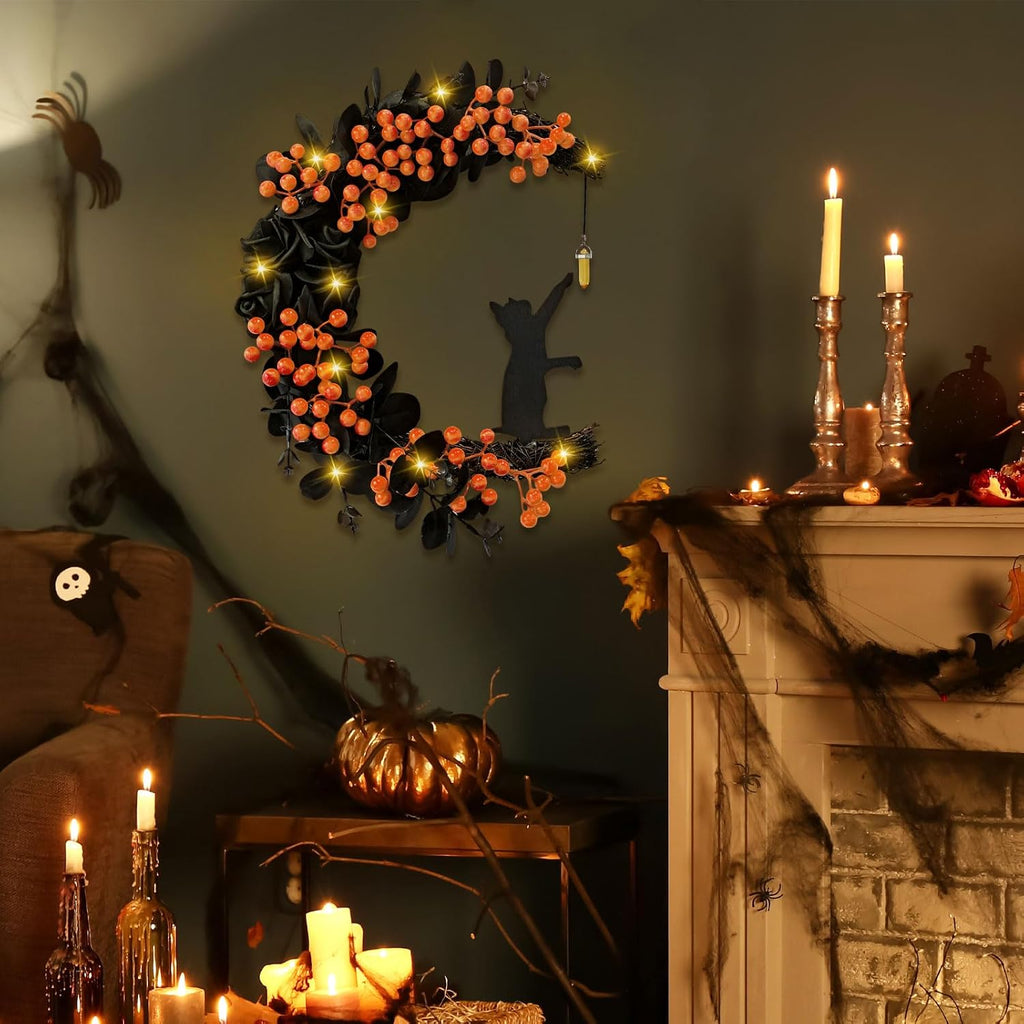Halloween Decorations Black Cat Half-Moon Wreath with Black Rose & Berry | Halloween Decor with Open Half-Moon Design, Black Fabric Roses, Frosted Leaves, Glossy Orange Berries, and a Cat Silhouette