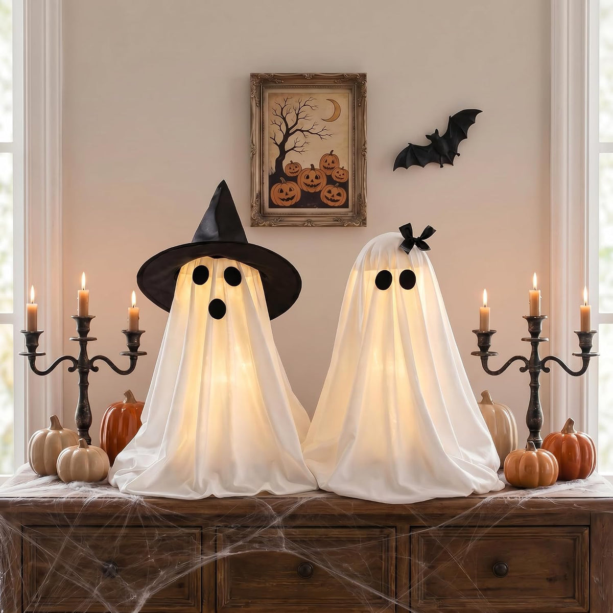 2-Piece Light-Up Ghosts with Witch Hats, Indoor Ghost Decor | Halloween Party Decorations