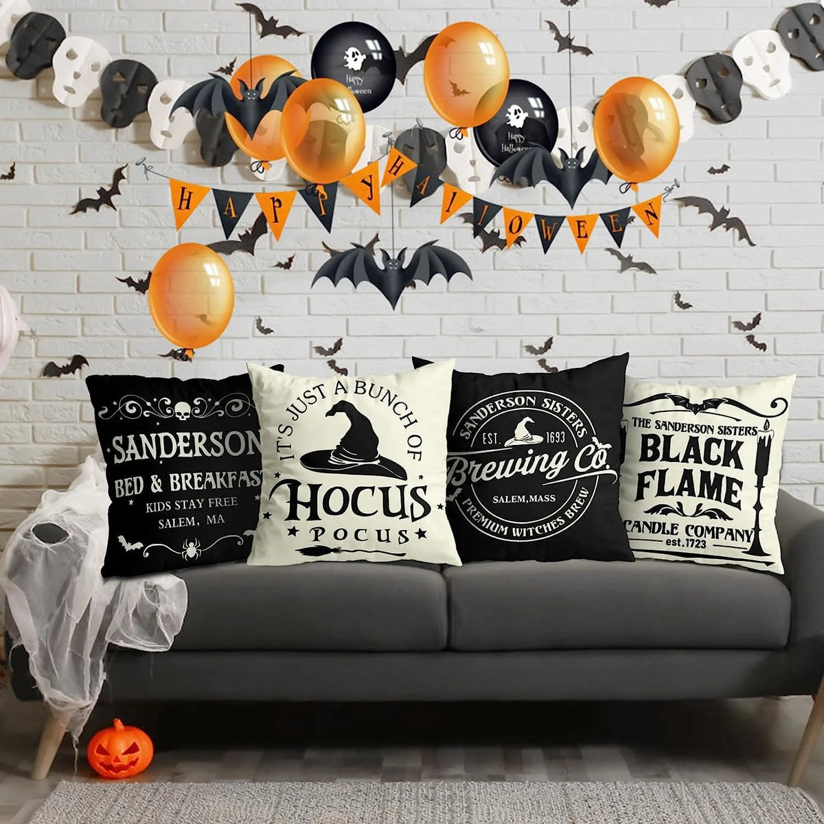 4Pack Halloween Pillow Covers 18X18", Halloween Decor Farmhouse Saying White Black Outdoor/Indoor Fall Pillow Pillows Decorative Cushion Cases for Home Sofa Couch Bed Chair