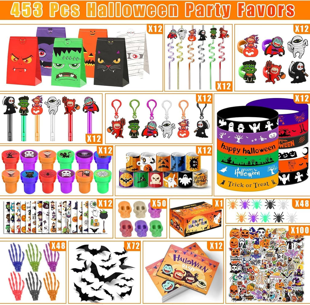 453PCS Halloween Party Favors Supplies Decorations, Halloween Treat or Trick Goodie Bags Pinata Fillers Stuffers Halloween Classroom Prizes Gifts for Kids