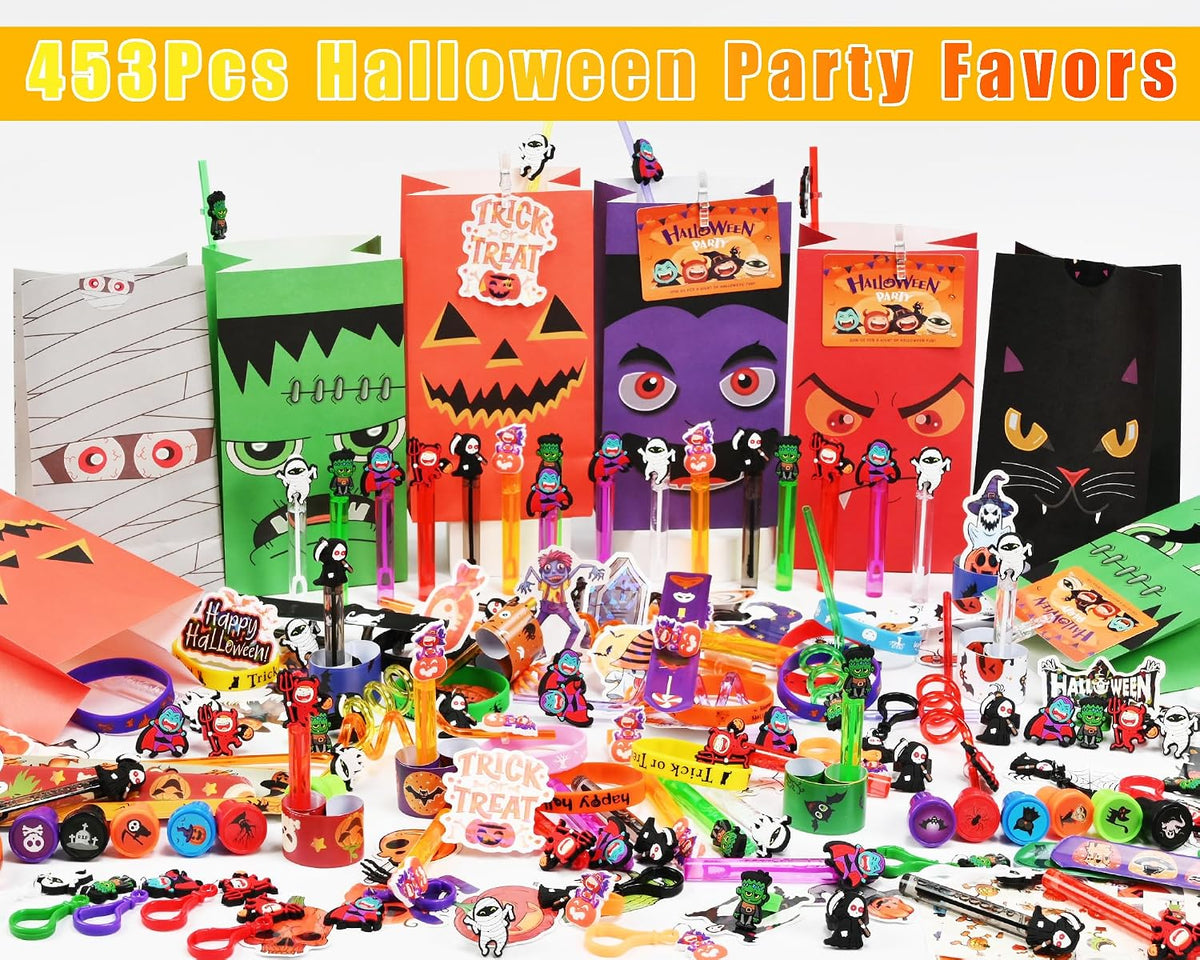 453PCS Halloween Party Favors Supplies Decorations, Halloween Treat or Trick Goodie Bags Pinata Fillers Stuffers Halloween Classroom Prizes Gifts for Kids
