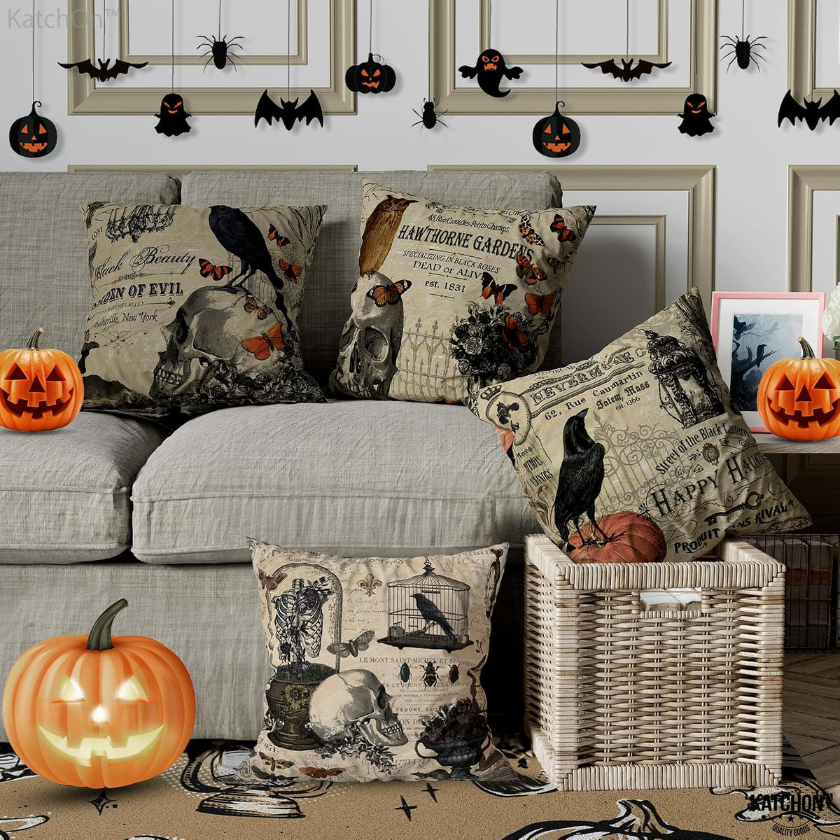 , Vintage Halloween Pillows Covers - 18X18 Inch, Pack of 4 | Skull Throw Pillow Covers | Pumpkin Cushion Covers | Halloween Decorations Indoor, Summerween Decorations Party