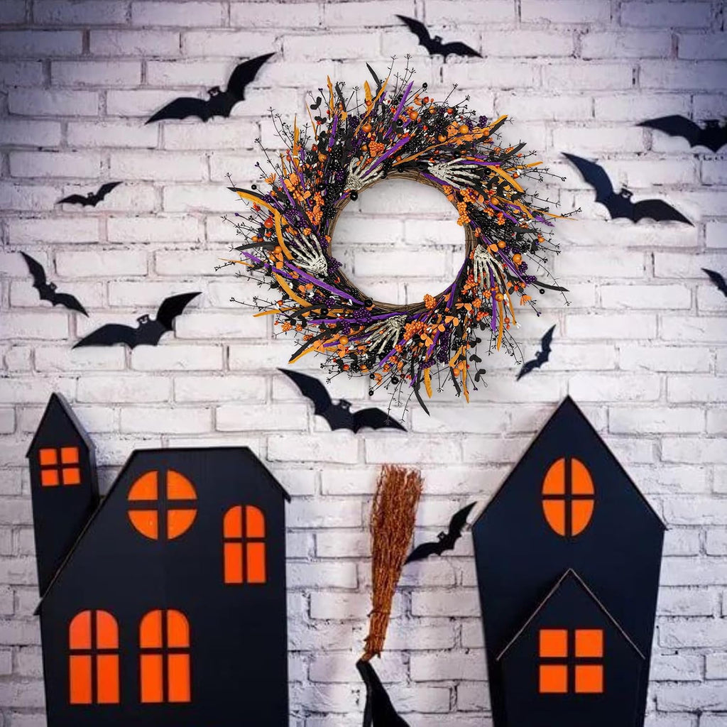 Halloween Wreaths for Front Door 22 Inch Skeleton Black Wreath Handmade Halloween Door Wreath with Purple and Orange Berries for Gothic Decorations