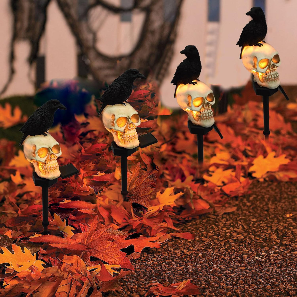 Halloween Solar Pathway Lights - Solar Halloween Skull Stake Lights Decorations Outdoor - 2PCS Waterproof Resin Skeleton Crows Decor for outside Yard Garden Lawn