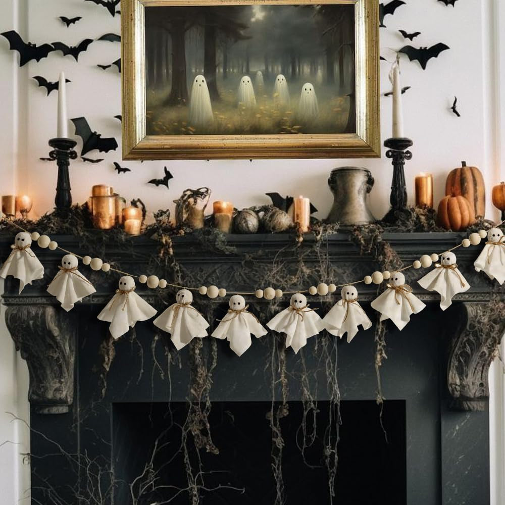 Ghost Halloween Banner: 1Pc White Ghost Halloween Party Banner with Wood Beads, Cute Ghosts Halloween Garland Halloween Banner Decorations for Home Wall Mantel Doorways Front Decor