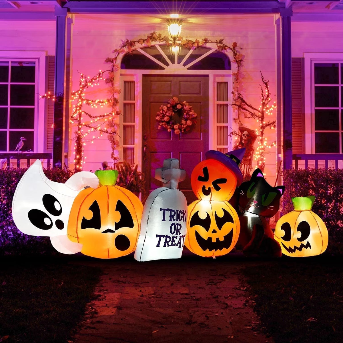 8 Ft Halloween Inflatables Characters,Long Light up Pumpkin Ghost Cat Tombstone Halloween Blow up Yard Decorations,Outdoor Halloween Decor