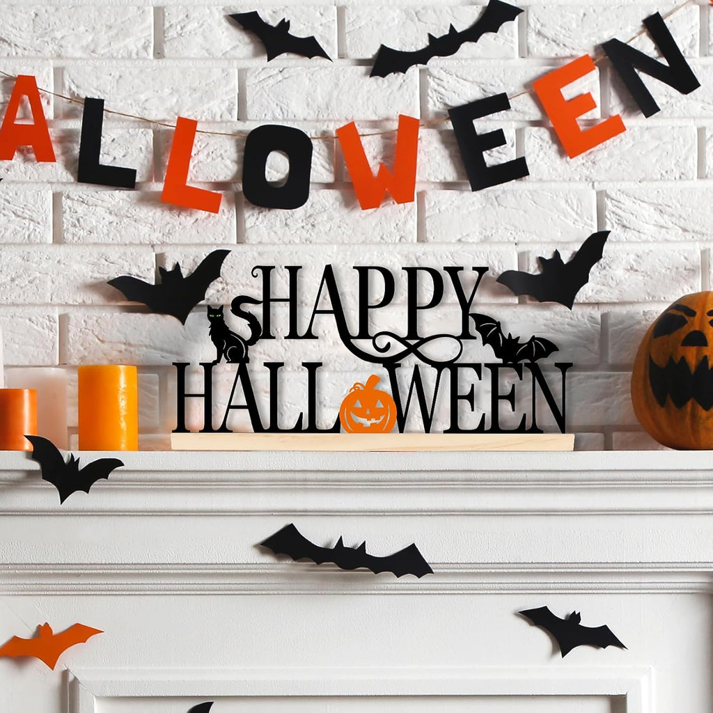 Metal Happy Halloween Sign, Black Halloween Decorations for Home, Office, Shelf, Mantel, Indoor, Jack-O-Lantern Decoration, Spooky Cat Bat Decor (Halloween)