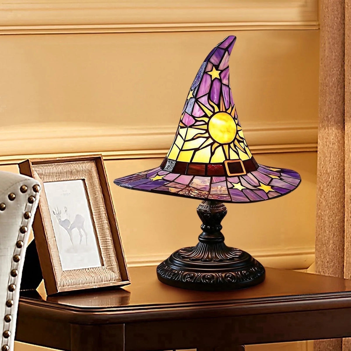 Clearance Witch Hat Lamp Halloween Decorations under 20 Gifts Stained Glass like Gothic Lamp Gothic Home Decor Accent Bedroom Bookshelf Mystical Gifts Glow Dark Figurine Ambiance