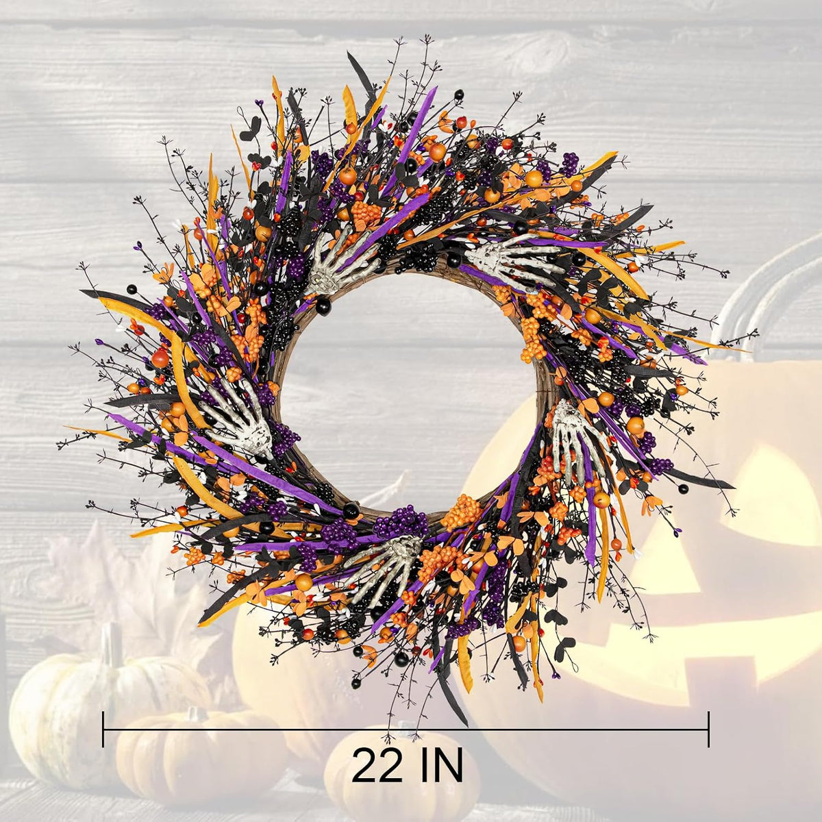 Halloween Wreaths for Front Door 22 Inch Skeleton Black Wreath Handmade Halloween Door Wreath with Purple and Orange Berries for Gothic Decorations