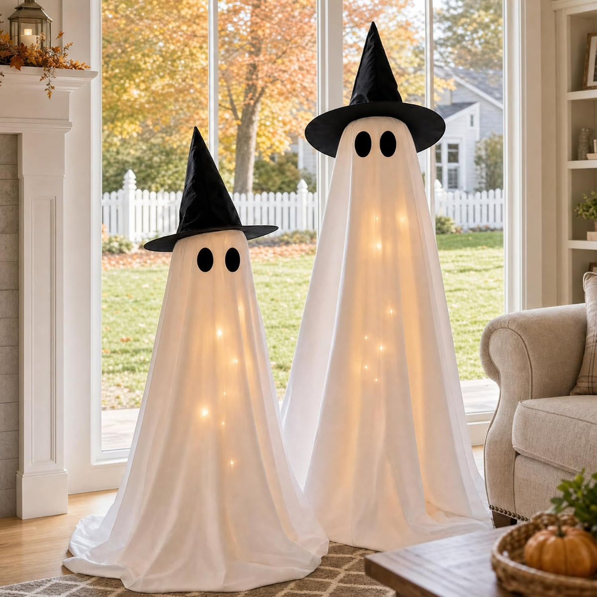 Halloween Decorations Indoor - 2 Pack Light up Ghosts Easy to Assemble Adjustable Height Spooky Halloween Party Decorations for Porch Yard Mantel Home