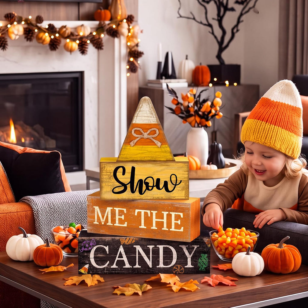 4 Pcs Halloween Table Decoration Candy Corn Wooden Stacked Block, "Show Me the Candy" Signs with Candys Corn Topper, Halloween Tiered Tray Decor Rustic Fall Decor for Home Office Kitchen