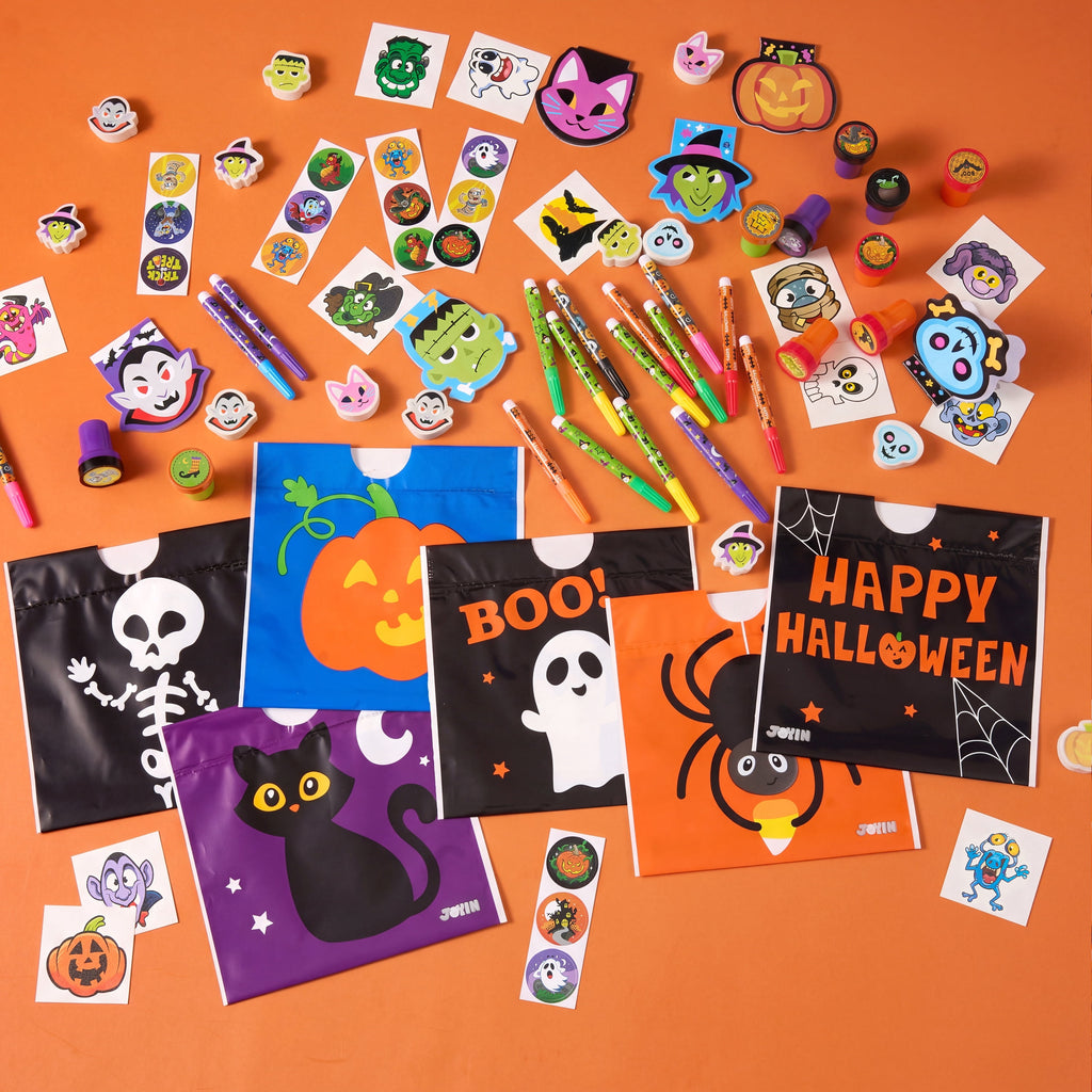 168 Packs Halloween Stationery Party Favors,Halloween Gifts for Kids,Halloween Goodies Including Halloween Trick or Treat Bags,Notepads,Stamps,Markers,Stickers and Tattoos