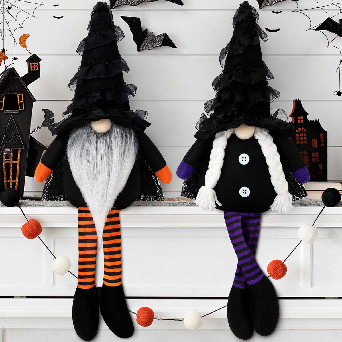 Halloween Gnomes Plush Decor, 2 Pack Handmade Tomte Swedish Gnome Decorations Ornaments, Halloween Table Decorations Gifts (Black) 6''W X 18''H