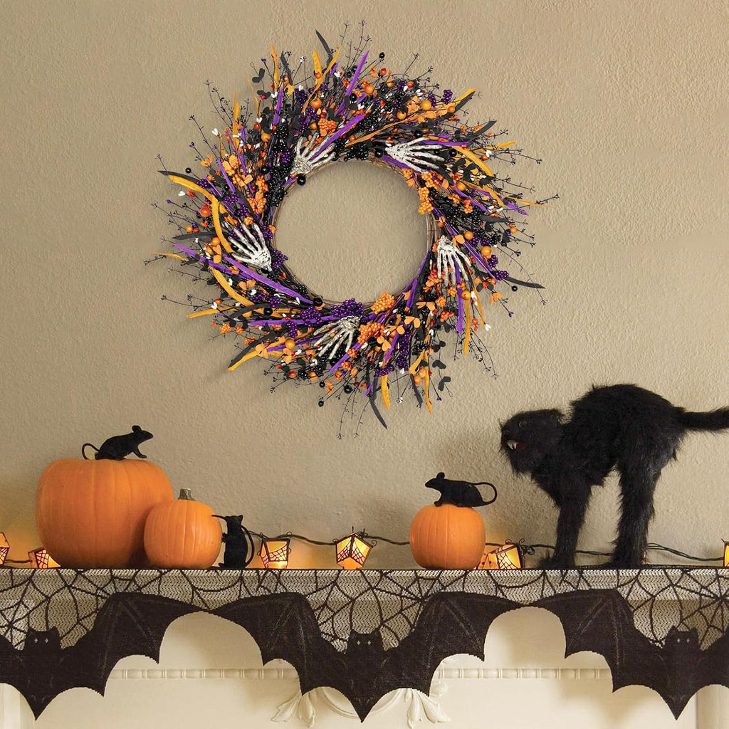 Halloween Wreaths for Front Door 22 Inch Skeleton Black Wreath Handmade Halloween Door Wreath with Purple and Orange Berries for Gothic Decorations