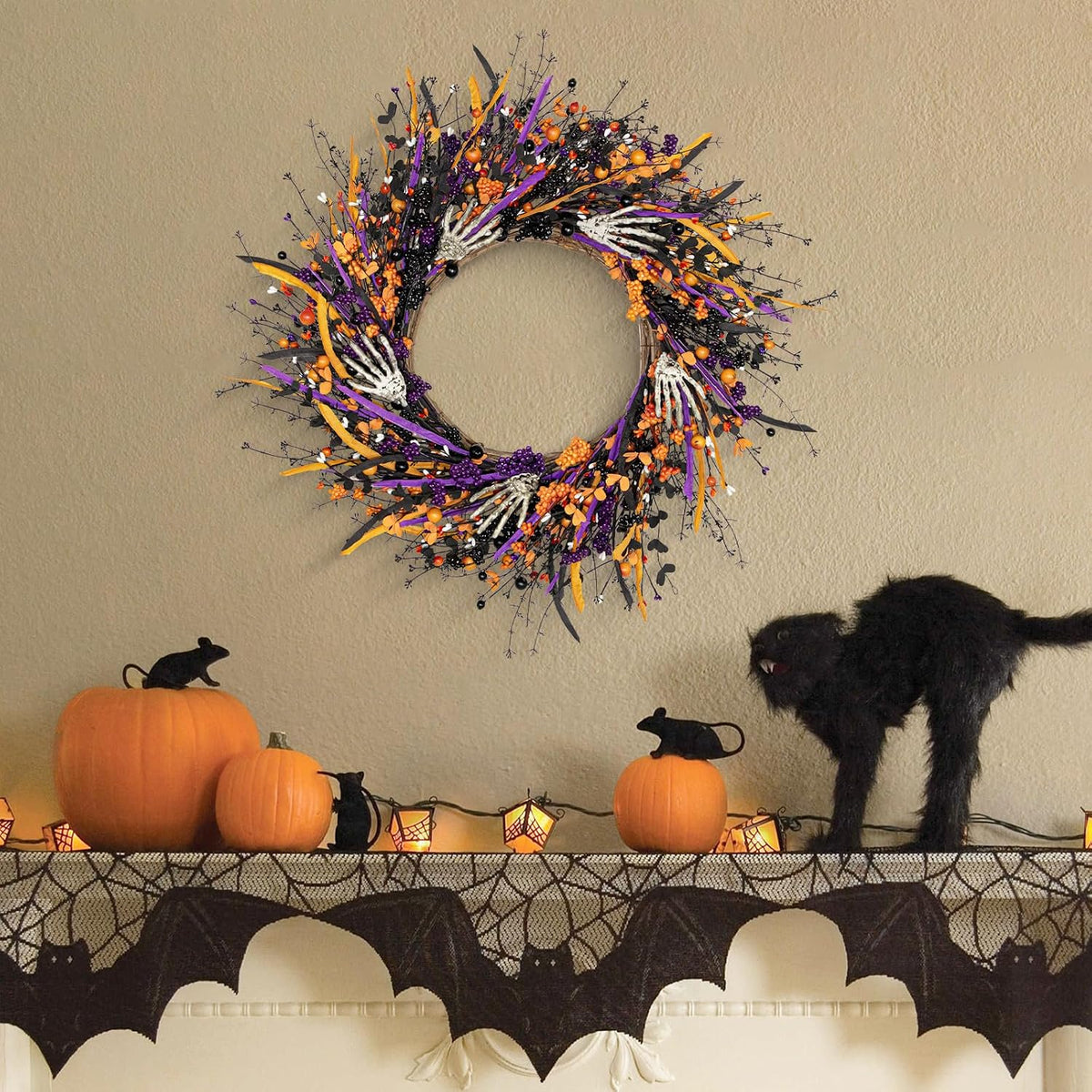 Halloween Wreaths for Front Door 22 Inch Skeleton Black Wreath Handmade Halloween Door Wreath with Purple and Orange Berries for Gothic Decorations