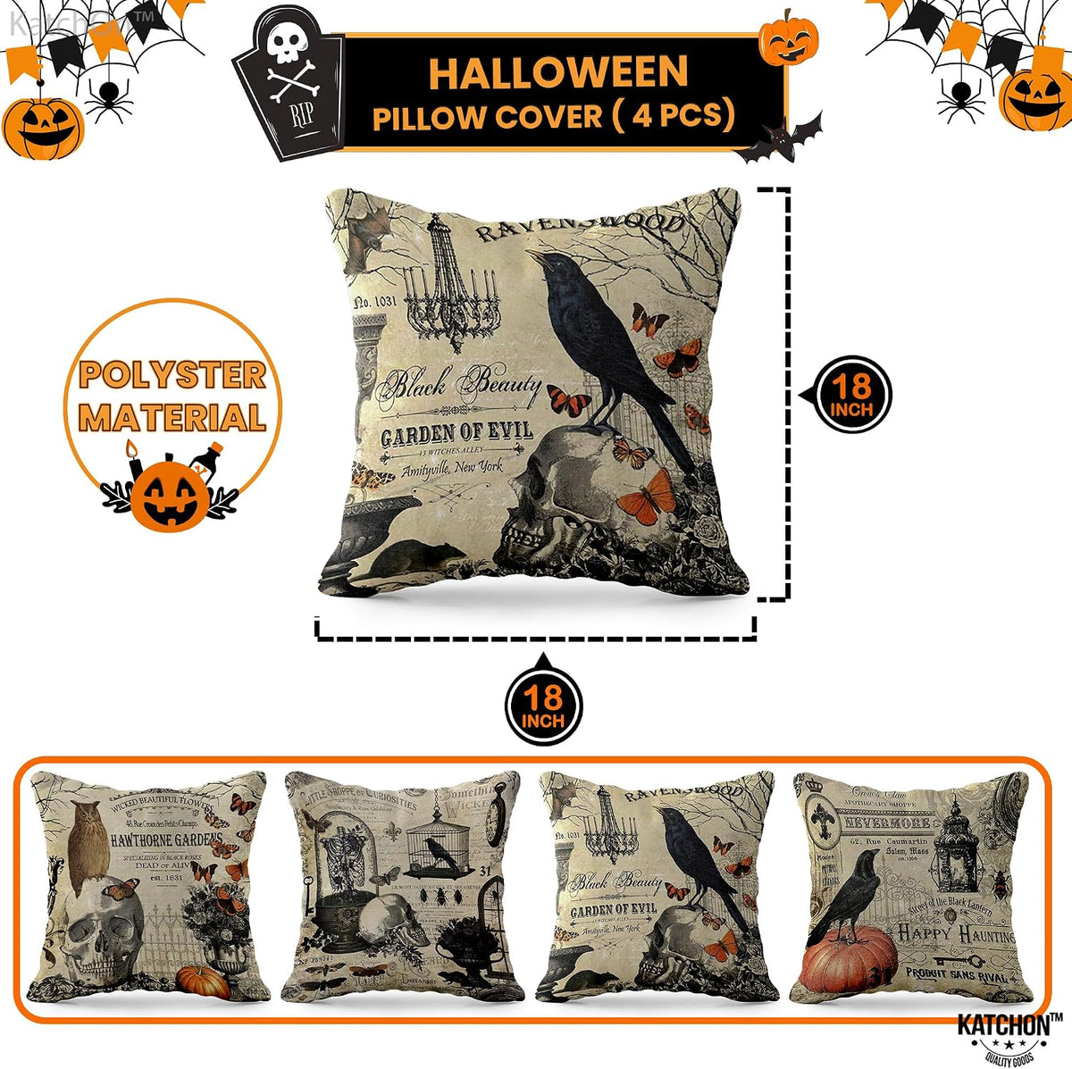 , Vintage Halloween Pillows Covers - 18X18 Inch, Pack of 4 | Skull Throw Pillow Covers | Pumpkin Cushion Covers | Halloween Decorations Indoor, Summerween Decorations Party