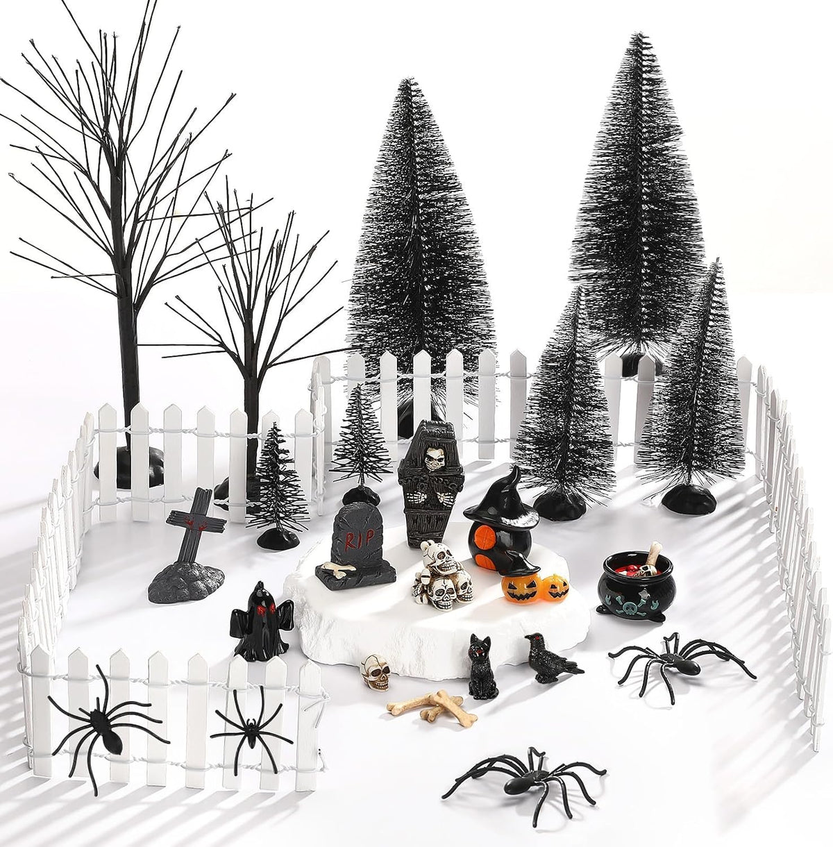 30 Pcs Halloween Village Ornaments Accessories Set, Halloween Haunted Houses Black Trees Mini Pumpkins Black Cat Crows Coffin Fake Bones Skeletons for Town Party Table Decorations