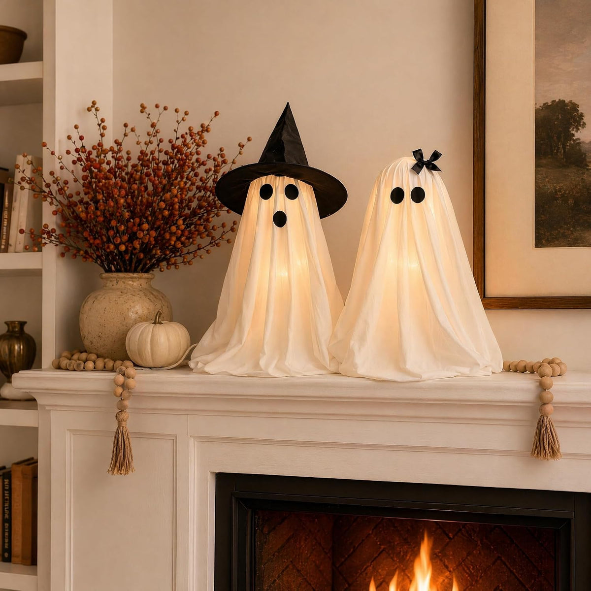 2-Piece Light-Up Ghosts with Witch Hats, Indoor Ghost Decor | Halloween Party Decorations