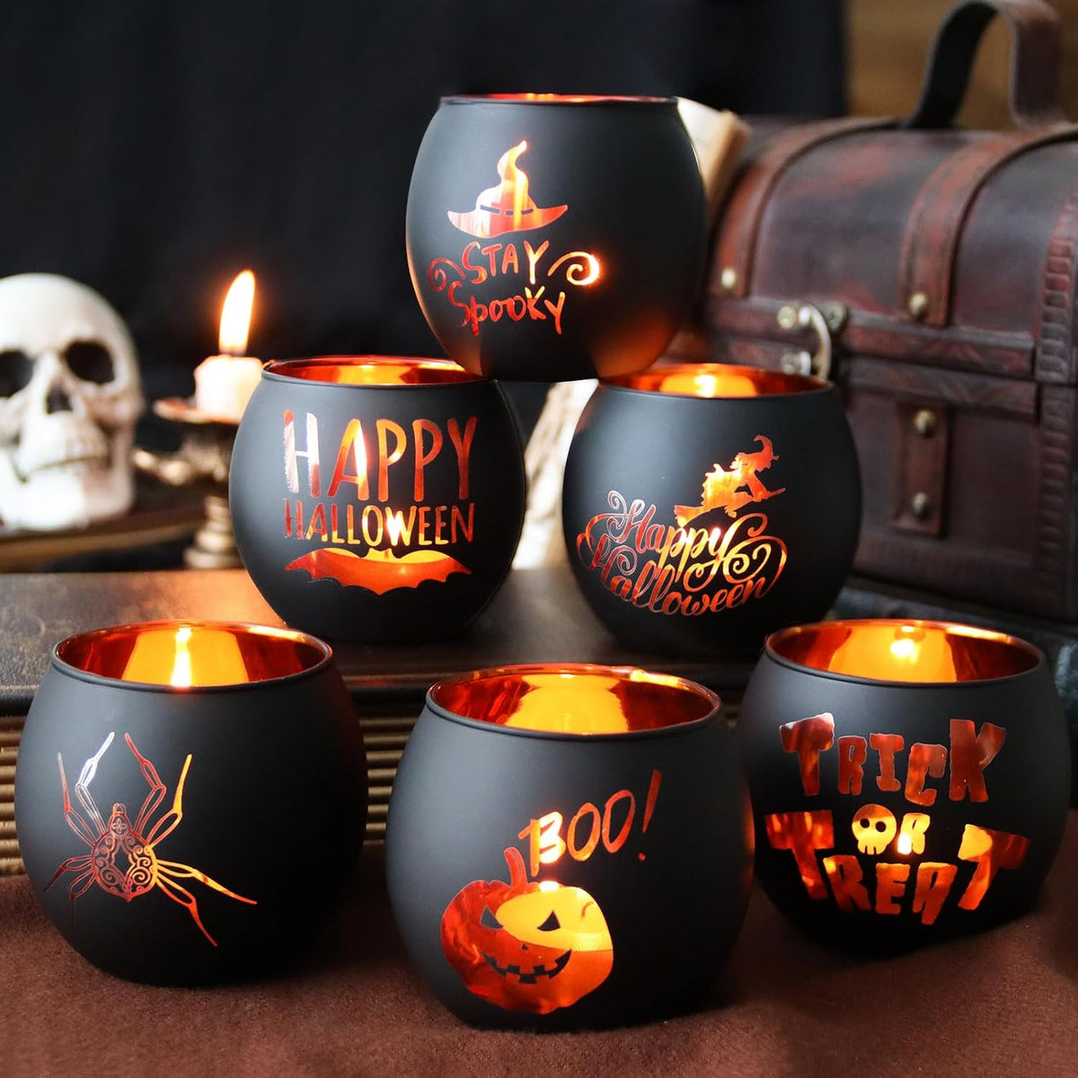 Halloween Candle Holders 6 Pieces Black Glass Votive Candle Holder for Halloween Wedding, Party, Table Centerpiece Décor Halloween Decorations Indoor and Outdoor