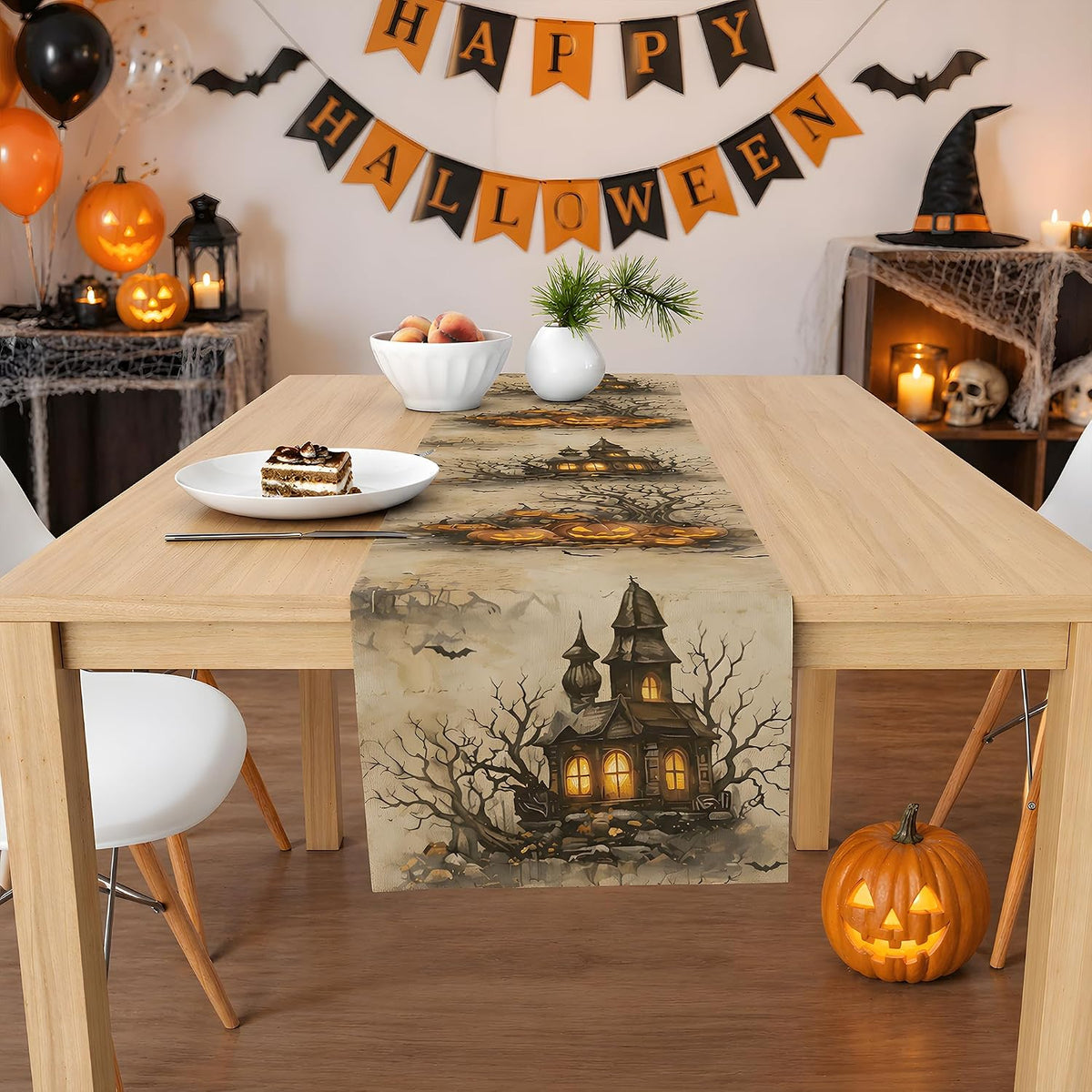 Halloween Decorations - Pumpkin Castle Table Runner | Halloween Party Favors Home Decor - Halloween Tablecloth Backdrop for Indoor Outdoor Kitchen Dining Decorations Party Favors Supplies