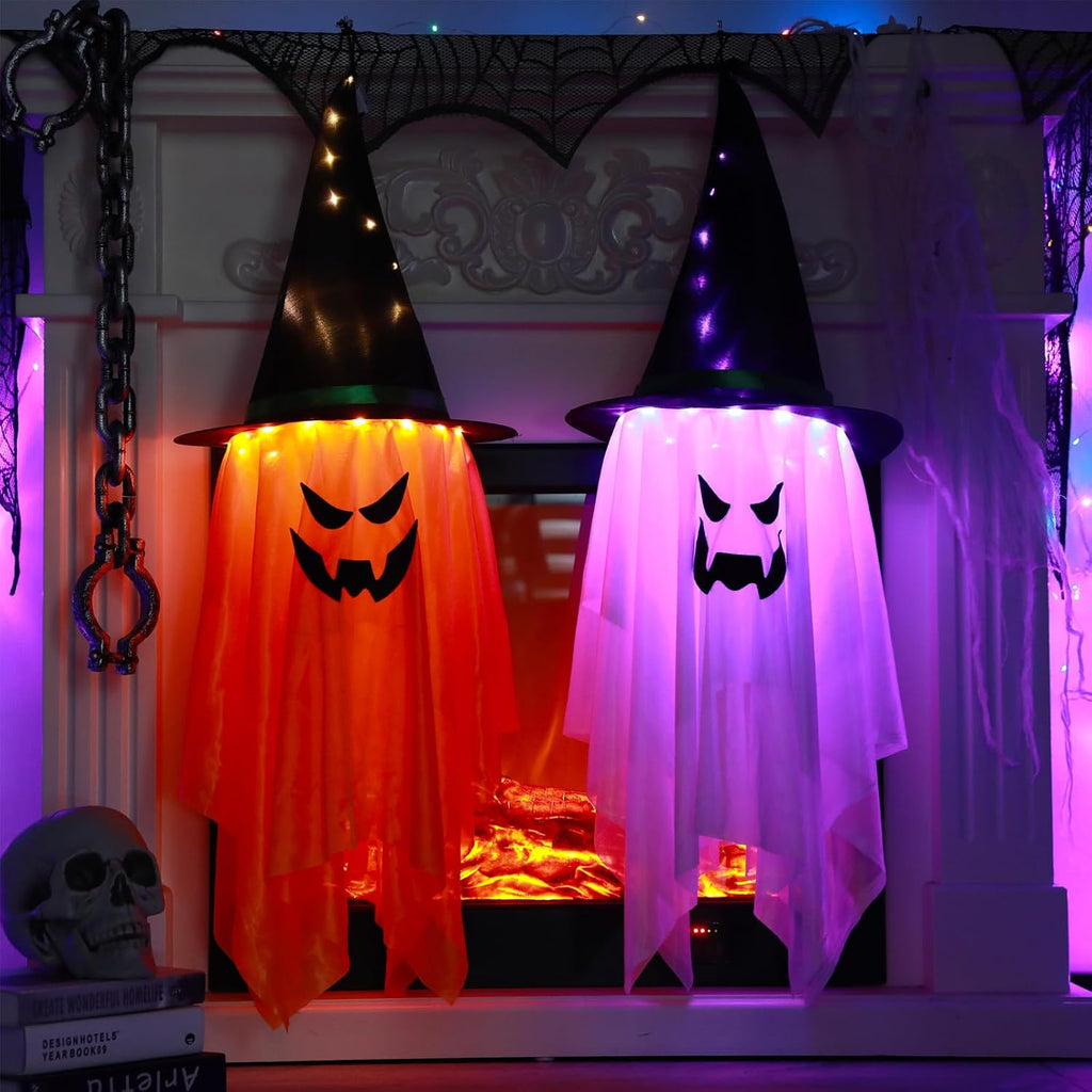 Halloween Decoration 2 Pcs Large Halloween Lighted Glowing Ghost Witch Hats, Hanging Ghost Ornaments for Indoor Outdoor Home, Garden, Tree, Yard Party Decor